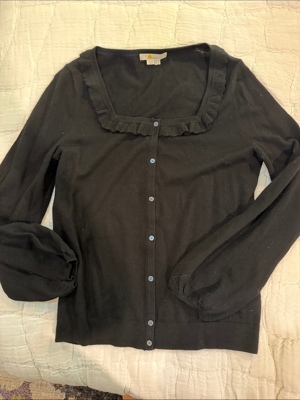Black Ruffle Trim Button-Front Women's Sweater